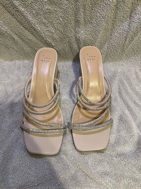 a new day Nude Strappy Rhinestone Square-Toe Heeled Sandals